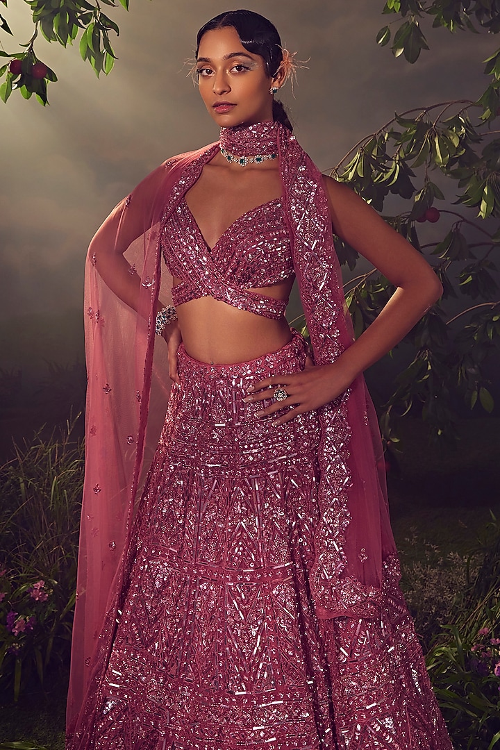 Metallic Cashmere Rose Tulle Embroidered Bridal Lehenga Set by Aneesh Agarwaal at Pernia's Pop Up Shop