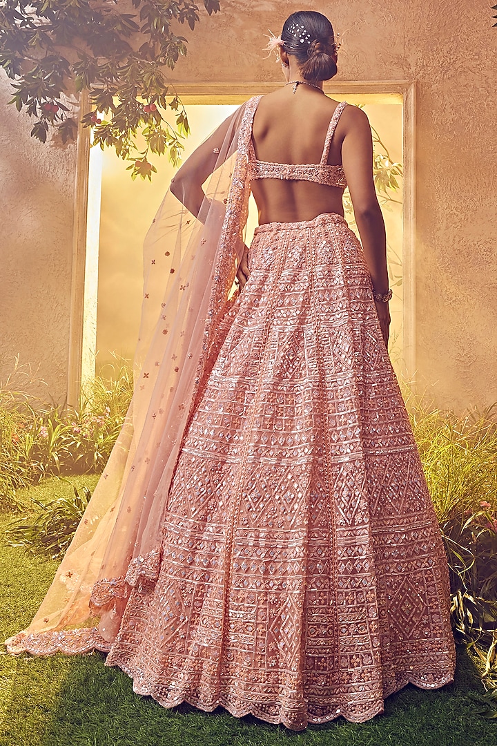 Peach Tulle Hand Embroidered Bridal Lehenga Set by Aneesh Agarwaal at Pernia's Pop Up Shop