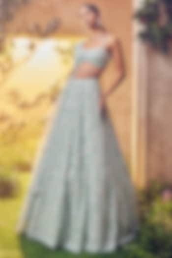 Mint Green Tulle Hand Embroidered Bridal Lehenga Set by Aneesh Agarwaal at Pernia's Pop Up Shop