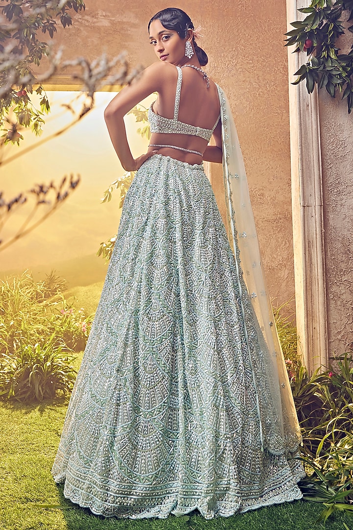 Mint Green Tulle Hand Embroidered Bridal Lehenga Set by Aneesh Agarwaal at Pernia's Pop Up Shop