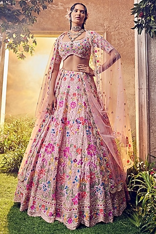 Salmon Pink Organza Embellished Lehenga Set by Aneesh Agarwaal
