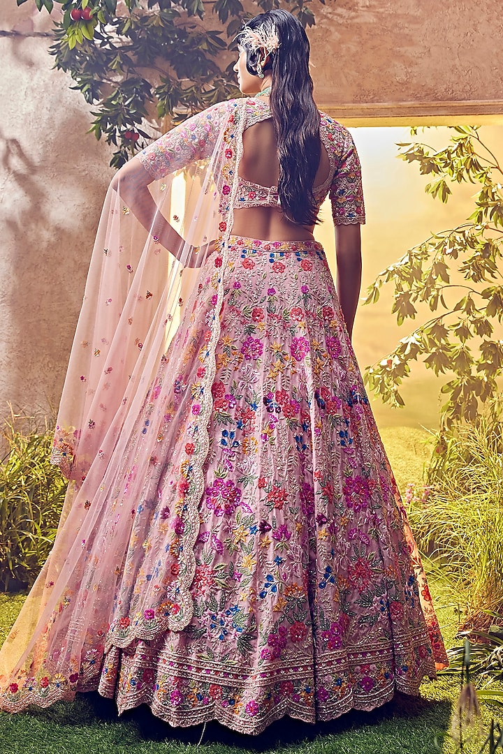 Salmon Pink Organza Embellished Bridal Lehenga Set by Aneesh Agarwaal at Pernia's Pop Up Shop