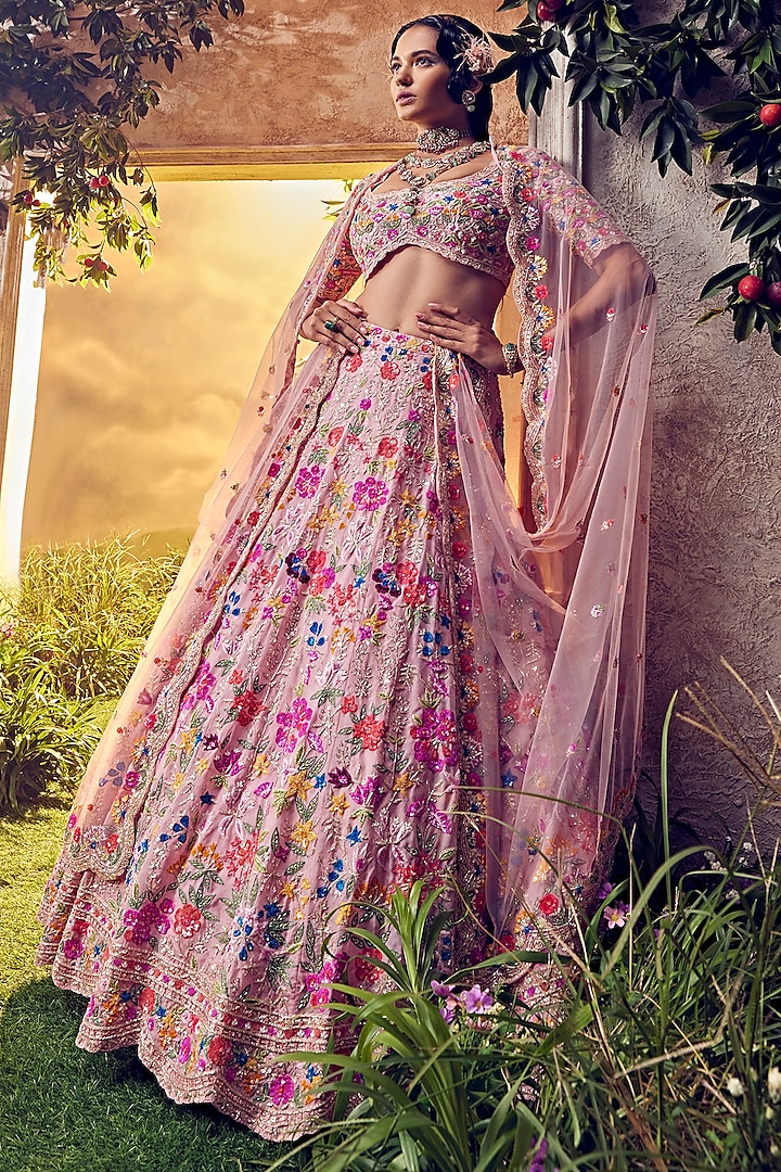 Salmon Pink Organza Embellished Bridal Lehenga Set by Aneesh Agarwaal at Pernia's Pop Up Shop