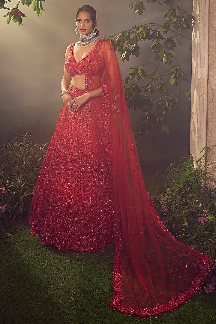 Red Tulle Embroidered Bridal Lehenga Set by Aneesh Agarwaal at Pernia's Pop Up Shop