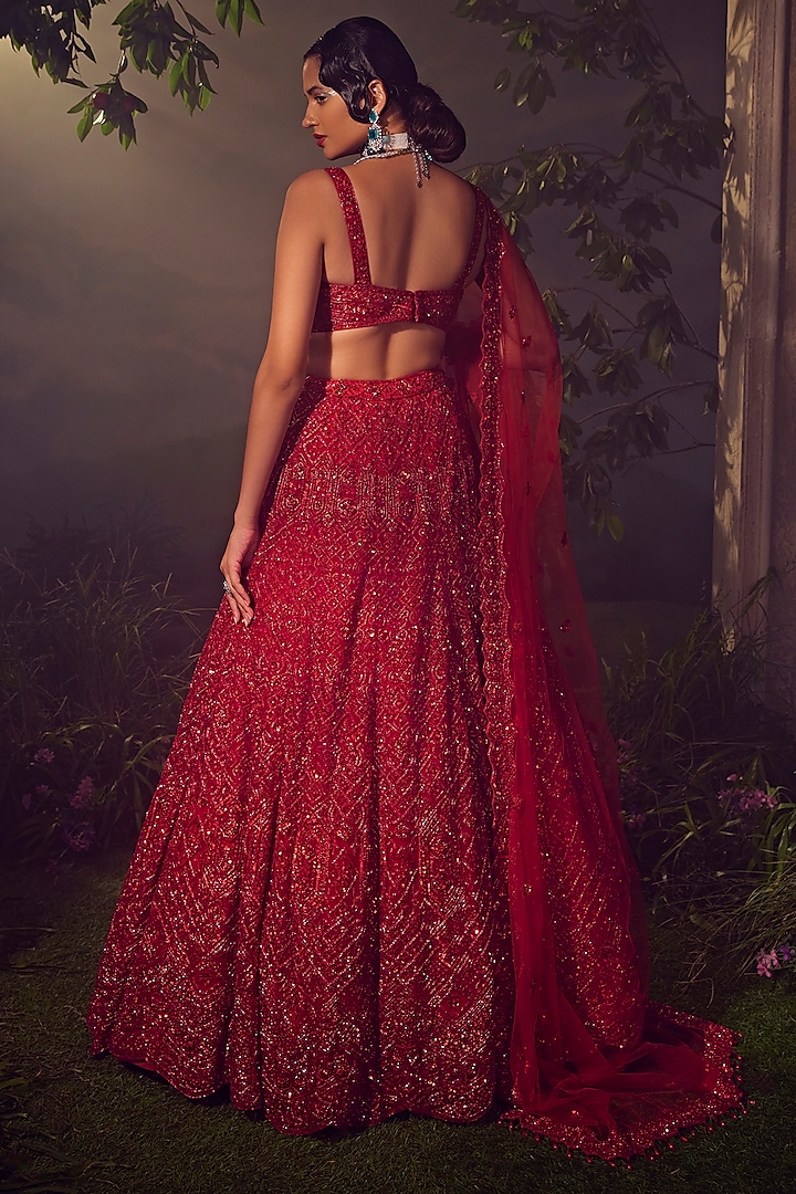 Red Tulle Embroidered Bridal Lehenga Set by Aneesh Agarwaal at Pernia's Pop Up Shop