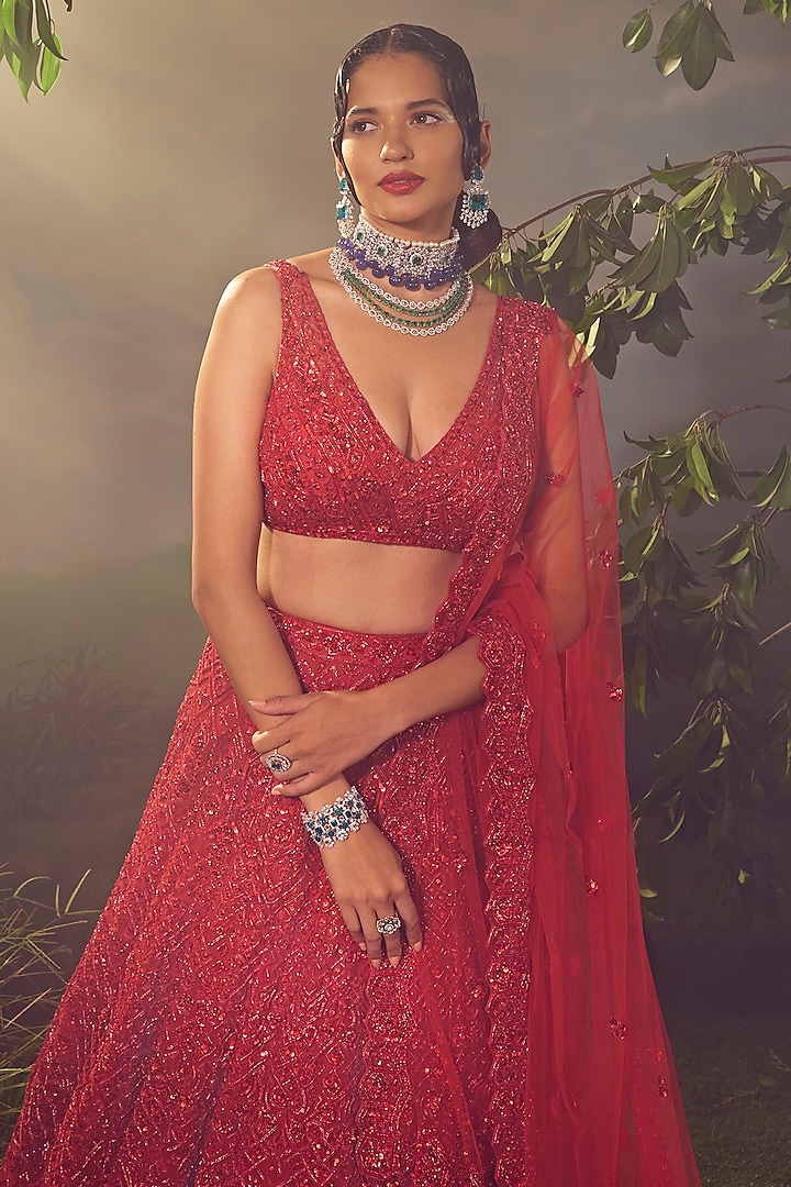 Red Tulle Embroidered Bridal Lehenga Set by Aneesh Agarwaal at Pernia's Pop Up Shop