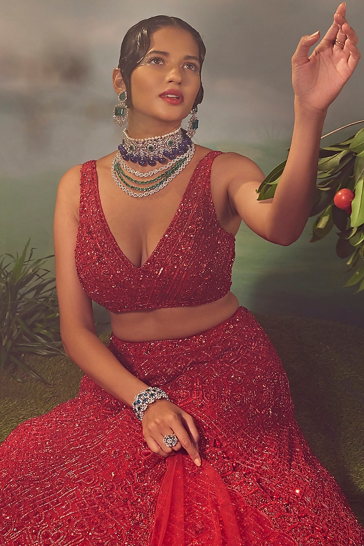 Red Tulle Embroidered Bridal Lehenga Set by Aneesh Agarwaal at Pernia's Pop Up Shop