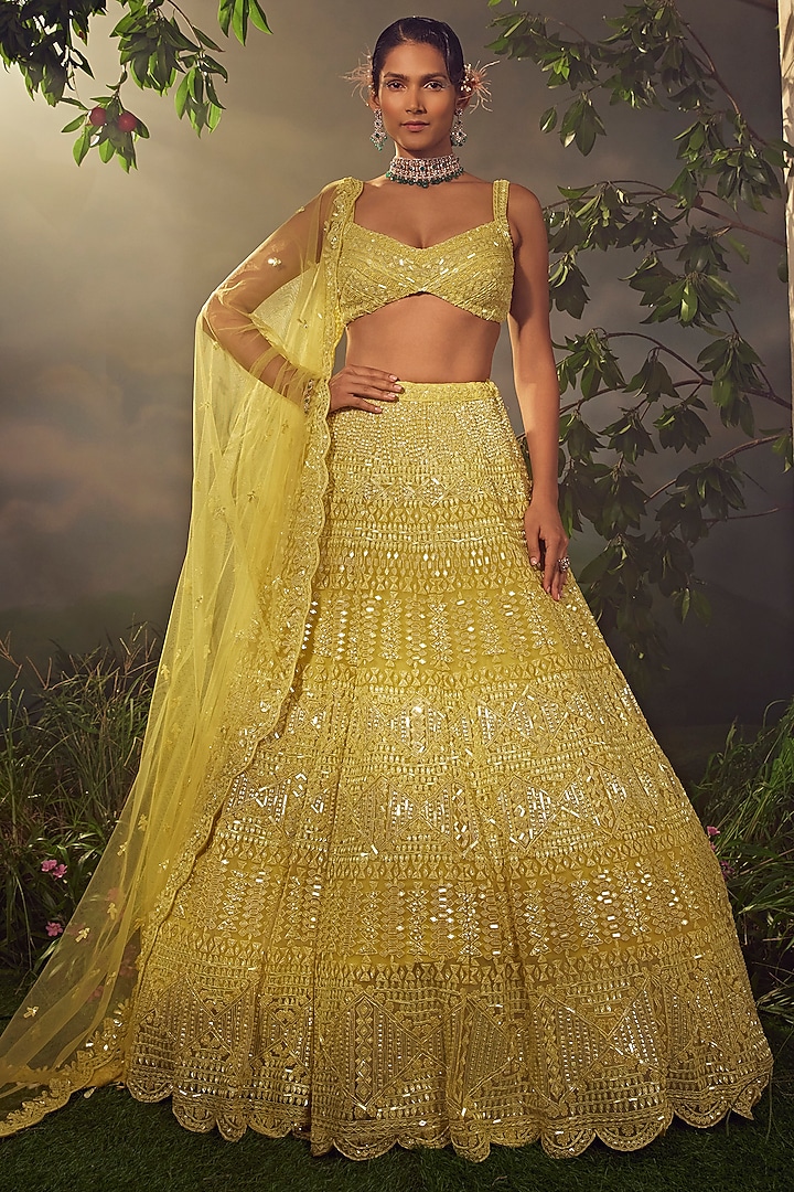Lime Green Tulle Embroidered Bridal Lehenga Set by Aneesh Agarwaal at Pernia's Pop Up Shop