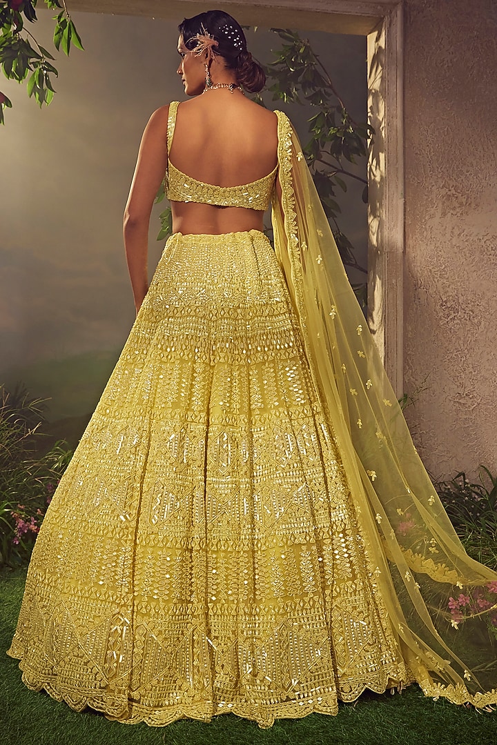 Lime Green Tulle Embroidered Bridal Lehenga Set by Aneesh Agarwaal at Pernia's Pop Up Shop