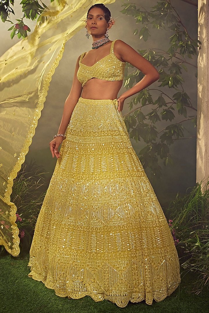 Lime Green Tulle Embroidered Bridal Lehenga Set by Aneesh Agarwaal at Pernia's Pop Up Shop
