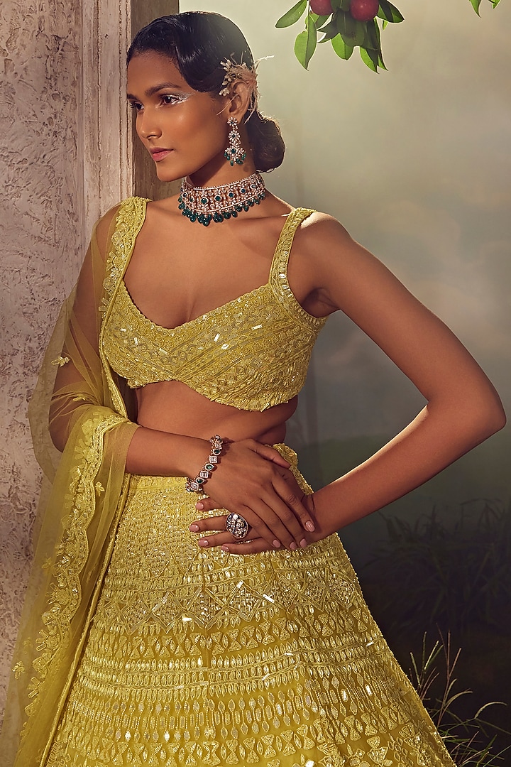 Lime Green Tulle Embroidered Bridal Lehenga Set by Aneesh Agarwaal at Pernia's Pop Up Shop
