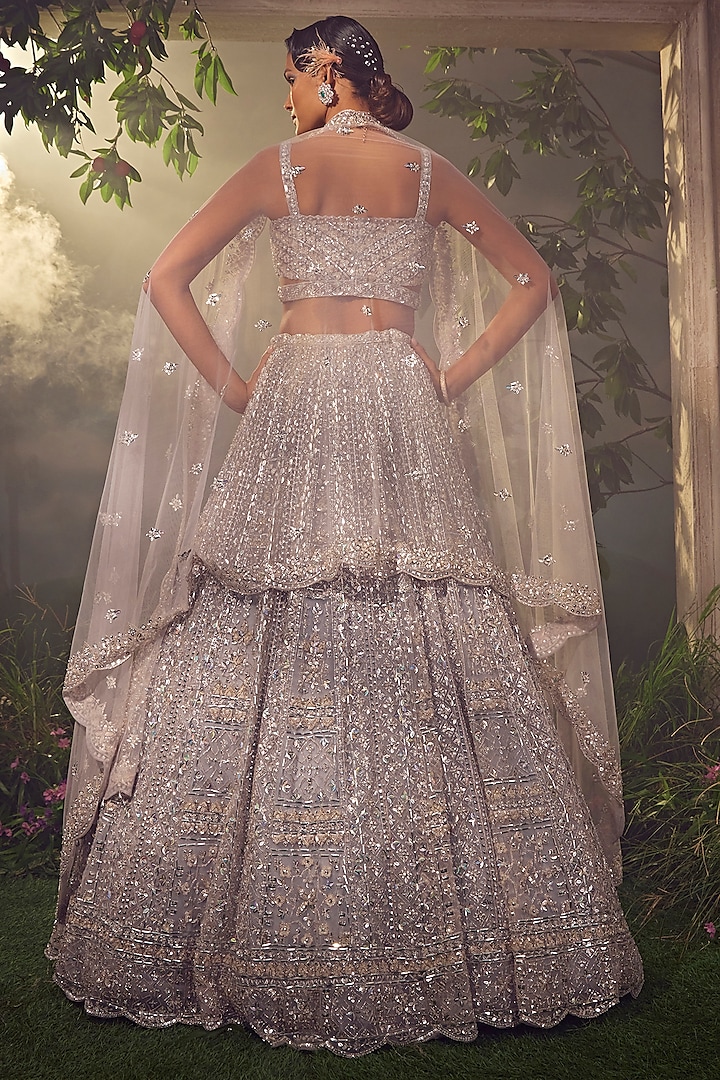 Metallic Grey Tulle Embroidered Bridal Lehenga Set by Aneesh Agarwaal at Pernia's Pop Up Shop