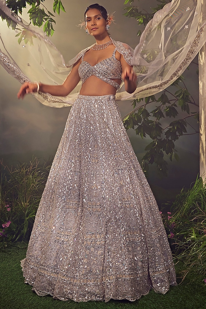 Metallic Grey Tulle Embroidered Bridal Lehenga Set by Aneesh Agarwaal at Pernia's Pop Up Shop