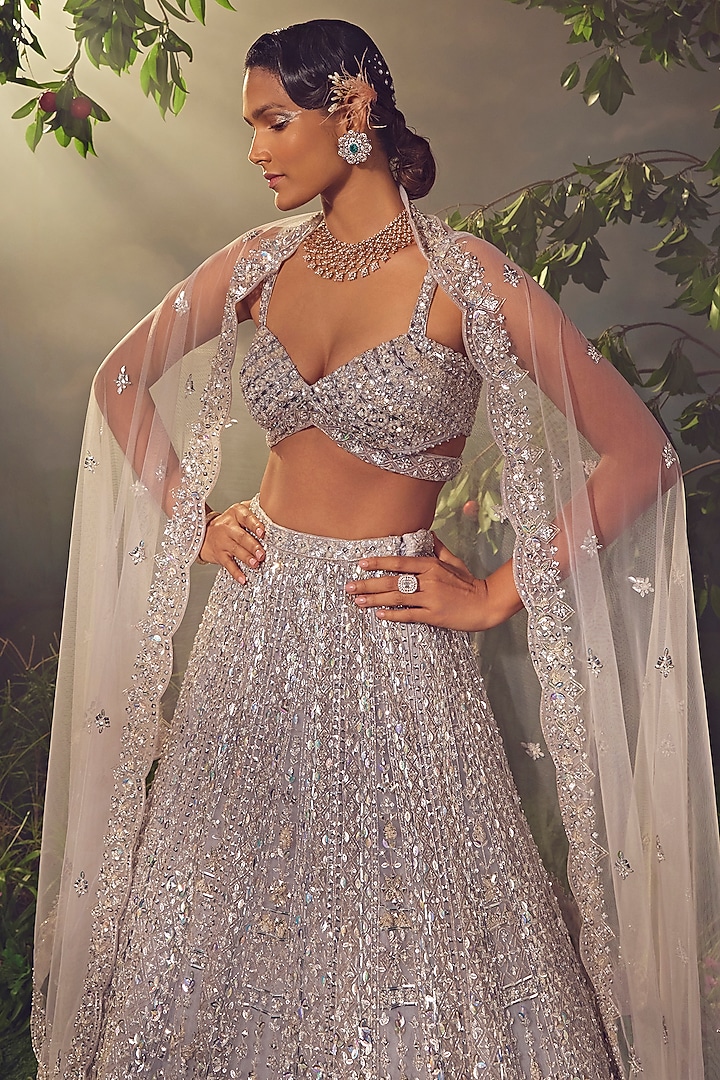 Metallic Grey Tulle Embroidered Bridal Lehenga Set by Aneesh Agarwaal at Pernia's Pop Up Shop