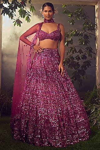 Magenta Tulle Embroidered Lehenga Set by Aneesh Agarwaal