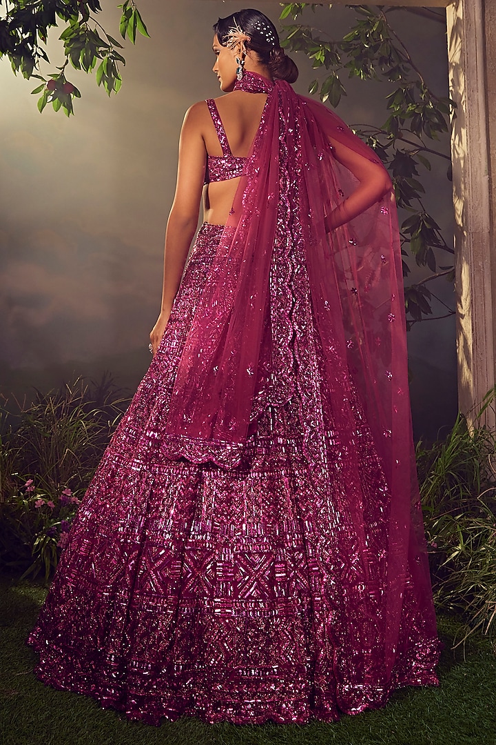 Magenta Tulle Embroidered Bridal Lehenga Set by Aneesh Agarwaal at Pernia's Pop Up Shop