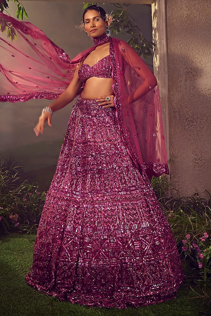 Magenta Tulle Embroidered Bridal Lehenga Set by Aneesh Agarwaal at Pernia's Pop Up Shop