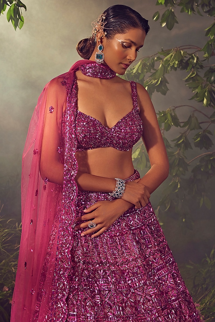 Magenta Tulle Embroidered Bridal Lehenga Set by Aneesh Agarwaal at Pernia's Pop Up Shop