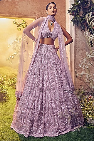 Orchid Tulle Embroidered Lehenga Set by Aneesh Agarwaal