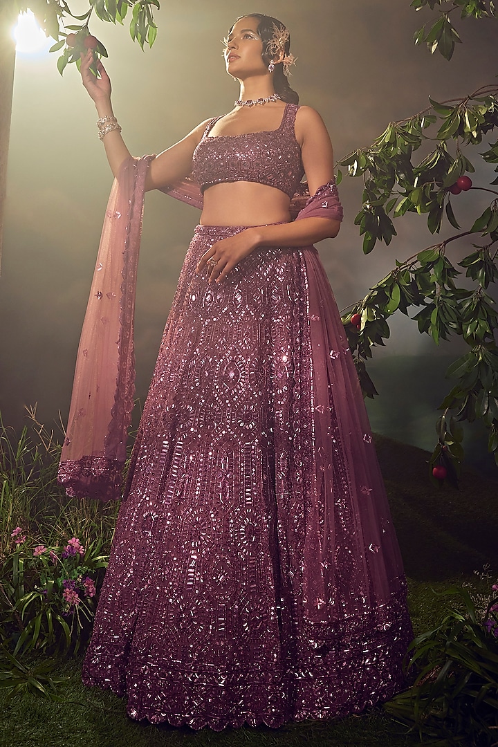 Argyle Purple Tulle Embroidered Bridal Lehenga Set by Aneesh Agarwaal at Pernia's Pop Up Shop