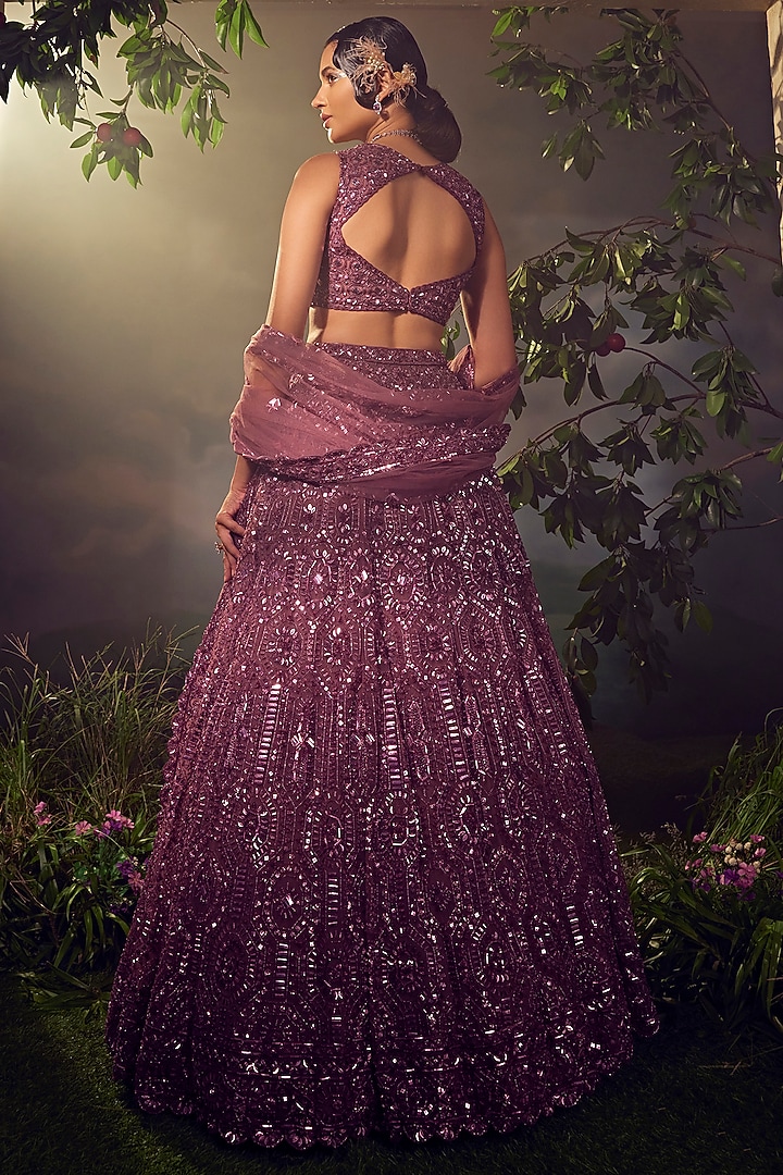 Argyle Purple Tulle Embroidered Bridal Lehenga Set by Aneesh Agarwaal at Pernia's Pop Up Shop