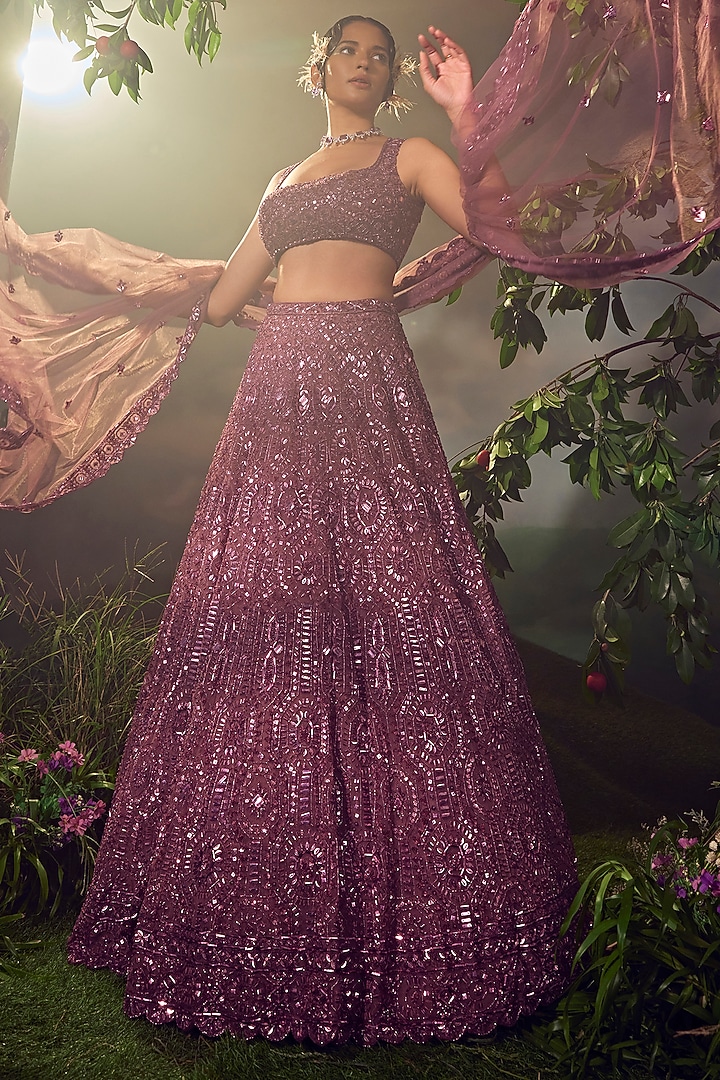 Argyle Purple Tulle Embroidered Bridal Lehenga Set by Aneesh Agarwaal at Pernia's Pop Up Shop