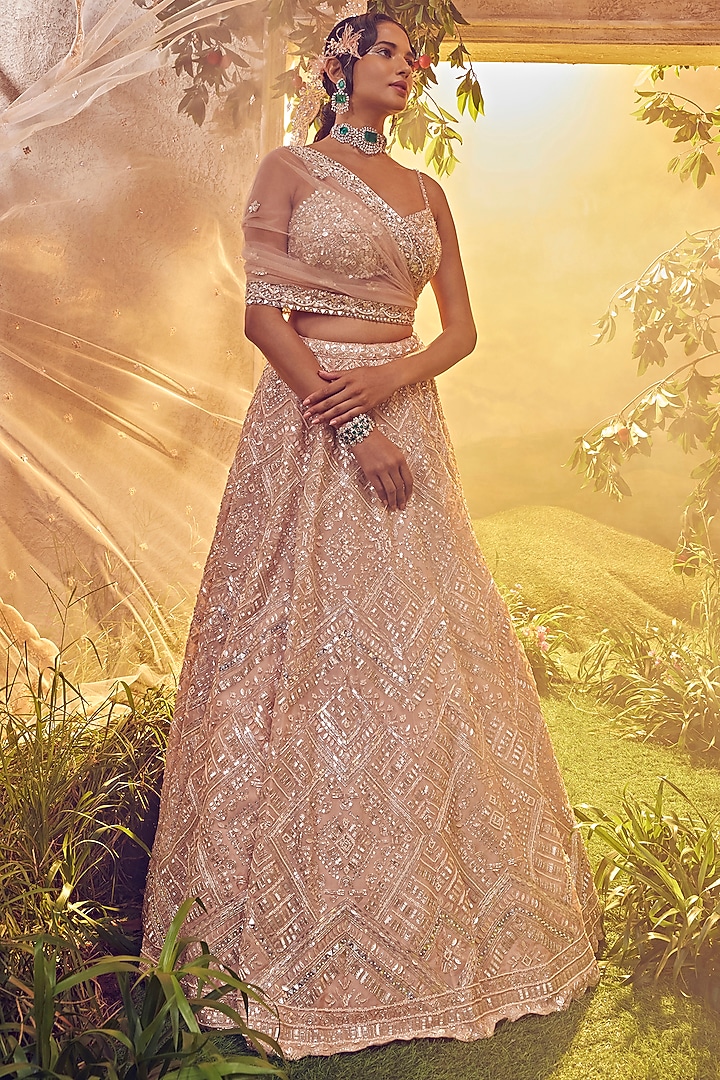 Salmon Pink Organza Embroidered Bridal Lehenga Set by Aneesh Agarwaal at Pernia's Pop Up Shop