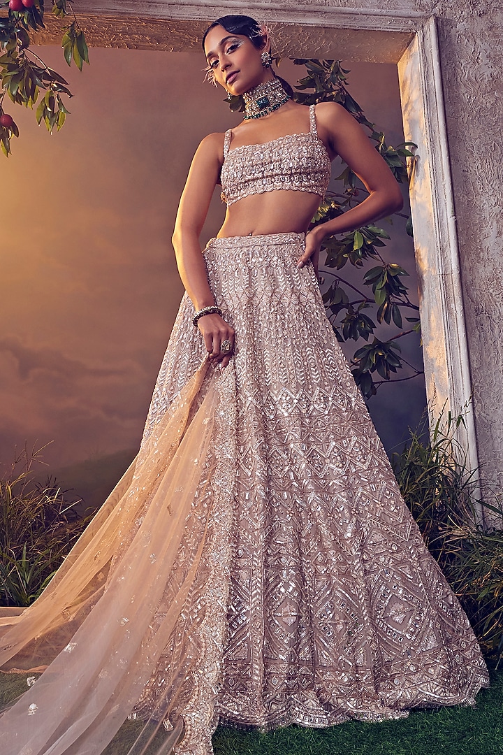 Taupe Organza Embroidered Bridal Lehenga Set by Aneesh Agarwaal at Pernia's Pop Up Shop