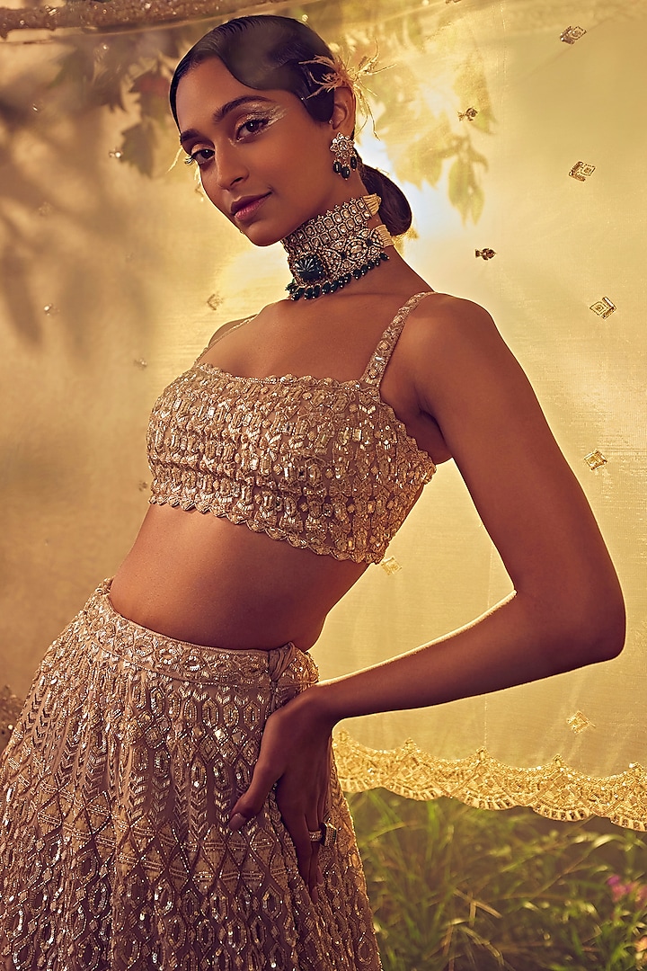 Taupe Organza Embroidered Bridal Lehenga Set by Aneesh Agarwaal at Pernia's Pop Up Shop
