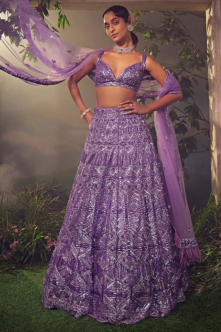 Purple Tulle Embroidered Lehenga Set by Aneesh Agarwaal