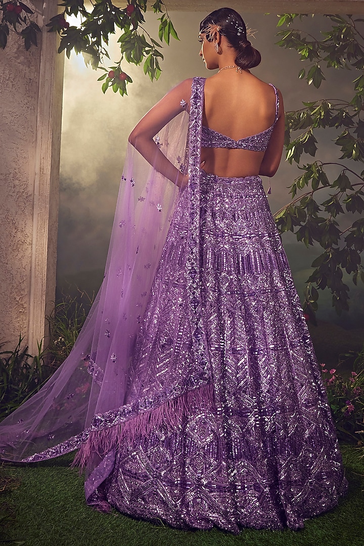 Purple Tulle Embroidered Bridal Lehenga Set by Aneesh Agarwaal at Pernia's Pop Up Shop