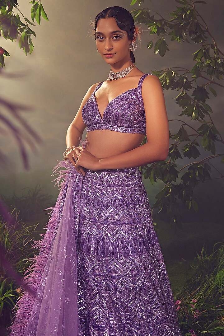 Purple Tulle Embroidered Bridal Lehenga Set by Aneesh Agarwaal at Pernia's Pop Up Shop