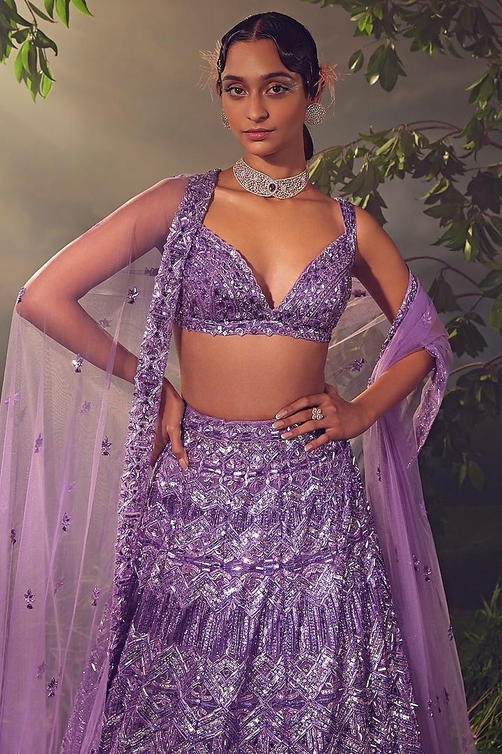 Purple Tulle Embroidered Bridal Lehenga Set by Aneesh Agarwaal at Pernia's Pop Up Shop