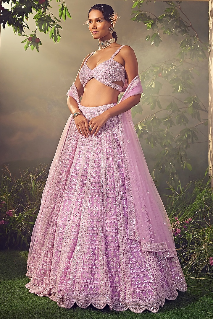 Lavender Tulle Embroidered Bridal Lehenga Set by Aneesh Agarwaal at Pernia's Pop Up Shop