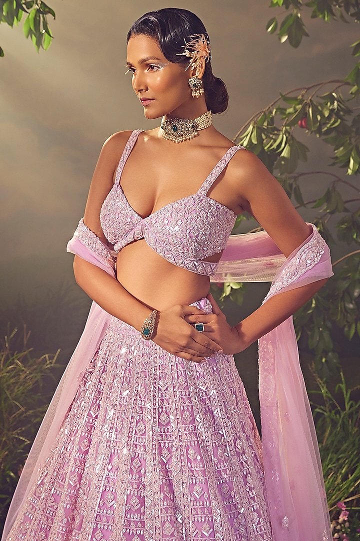 Lavender Tulle Embroidered Bridal Lehenga Set by Aneesh Agarwaal at Pernia's Pop Up Shop