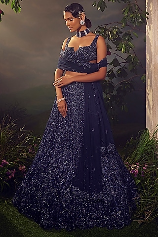 Midnight Blue Tulle Embroidered Lehenga Set by Aneesh Agarwaal