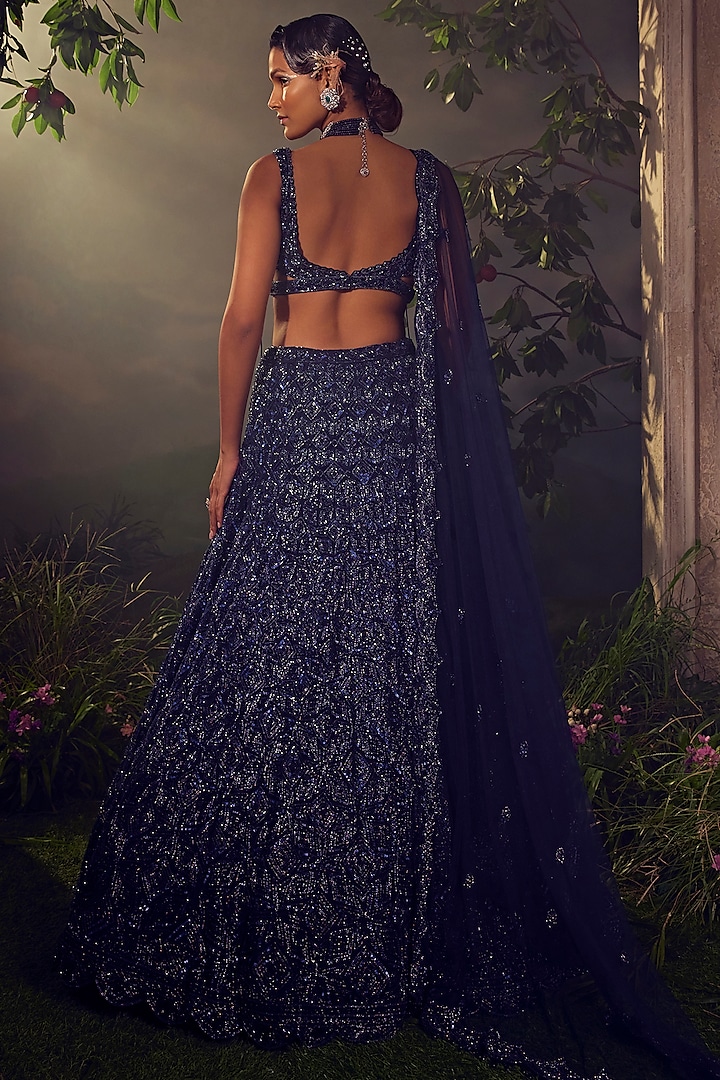 Midnight Blue Tulle Embroidered Bridal Lehenga Set by Aneesh Agarwaal at Pernia's Pop Up Shop