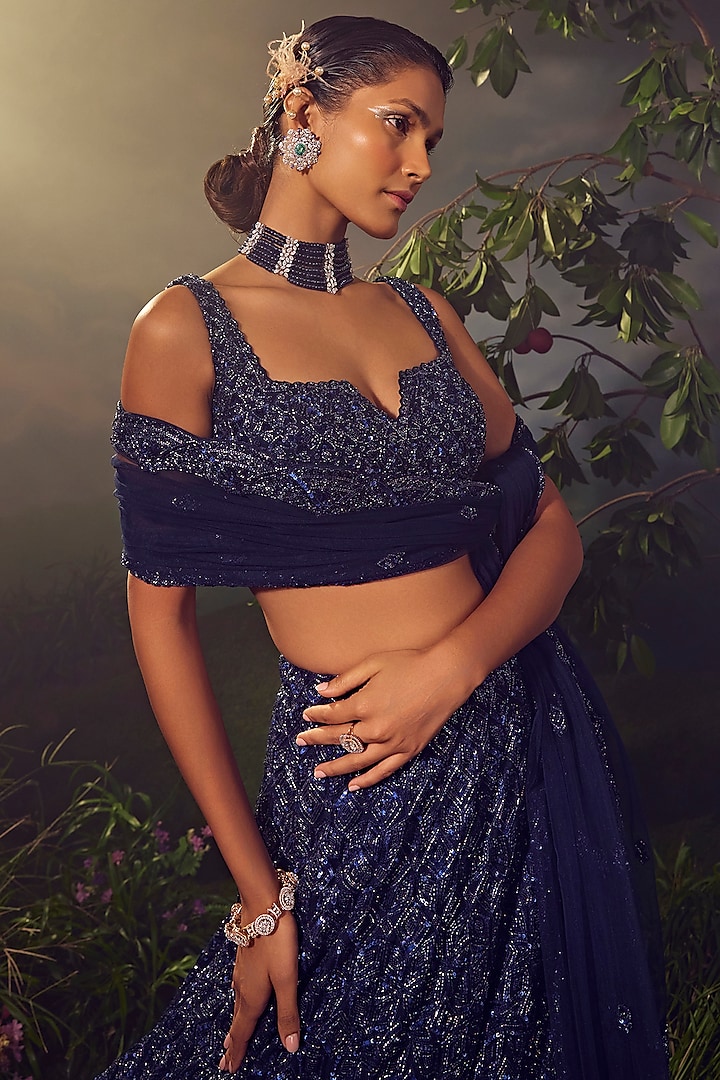 Midnight Blue Tulle Embroidered Bridal Lehenga Set by Aneesh Agarwaal at Pernia's Pop Up Shop