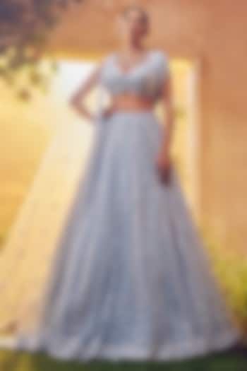 Sky Blue Tulle Embroidered Bridal Lehenga Set by Aneesh Agarwaal at Pernia's Pop Up Shop