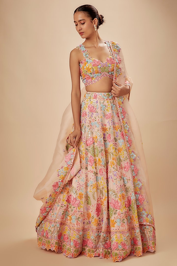 Blush Pink Silk Organza Embroidered Bridal Lehenga Set by Aneesh Agarwaal at Pernia's Pop Up Shop