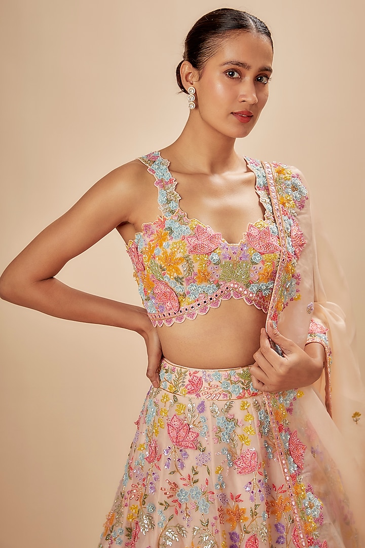 Blush Pink Silk Organza Embroidered Bridal Lehenga Set by Aneesh Agarwaal at Pernia's Pop Up Shop
