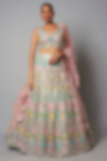 Mint & Pink Silk Organza Bridal Lehenga Set by Aneesh Agarwaal at Pernia's Pop Up Shop