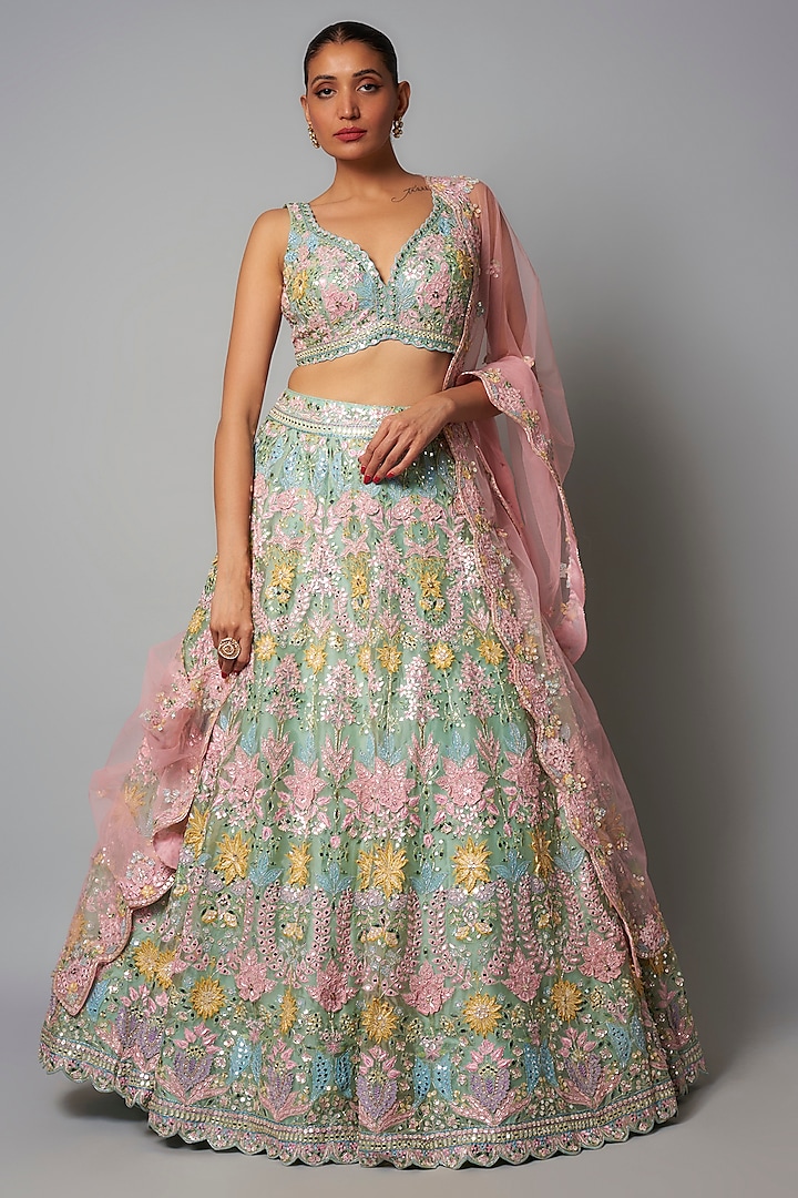 Mint & Pink Silk Organza Bridal Lehenga Set by Aneesh Agarwaal at Pernia's Pop Up Shop