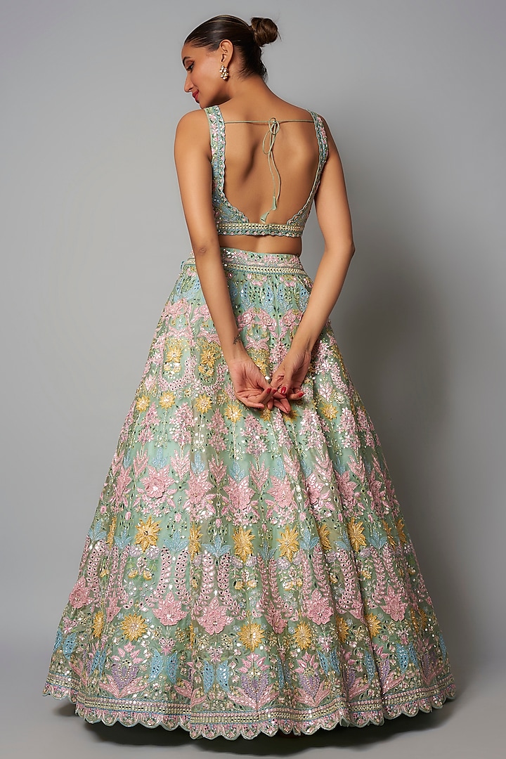 Mint & Pink Silk Organza Bridal Lehenga Set by Aneesh Agarwaal at Pernia's Pop Up Shop