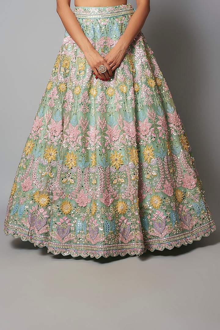 Mint & Pink Silk Organza Bridal Lehenga Set by Aneesh Agarwaal at Pernia's Pop Up Shop