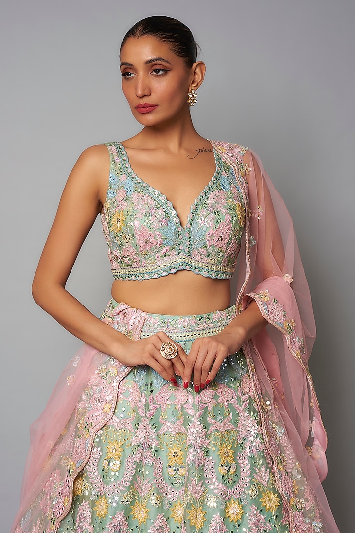 Mint & Pink Silk Organza Bridal Lehenga Set by Aneesh Agarwaal at Pernia's Pop Up Shop