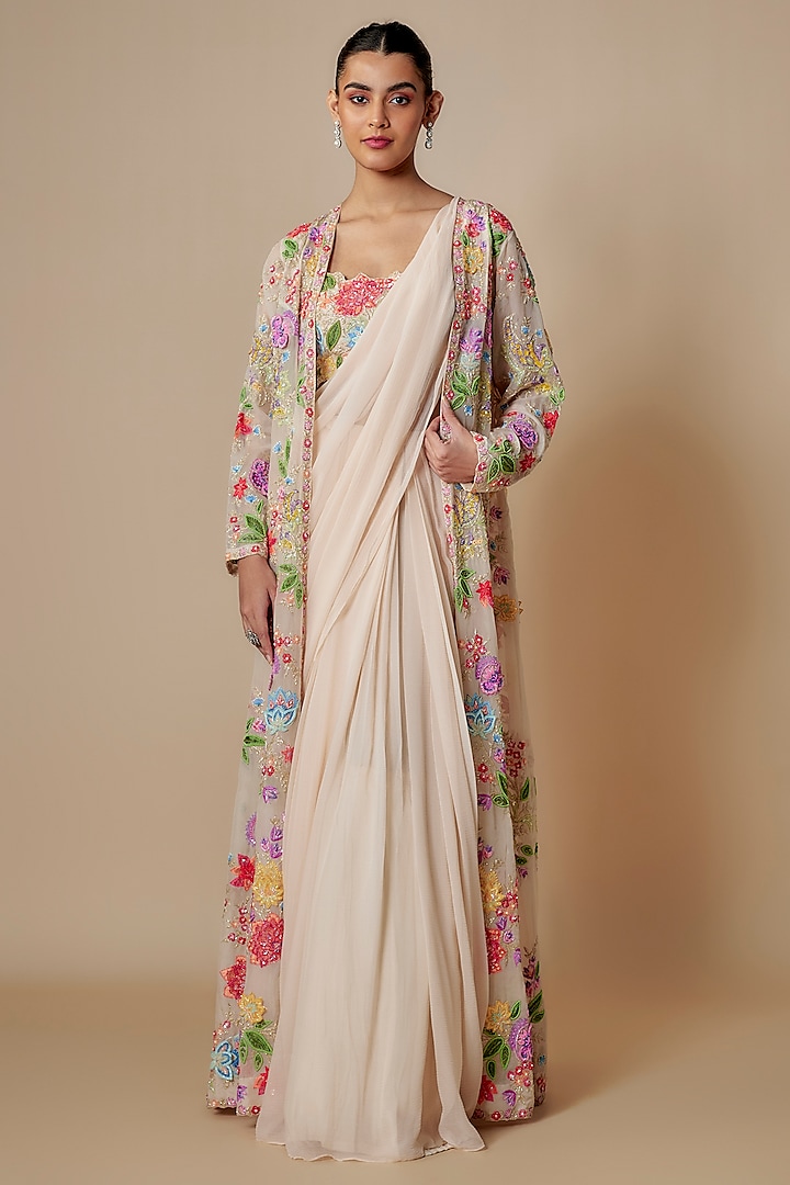 Ivory Organza Jacket Saree Set by Aneesh Agarwaal at Pernia's Pop Up Shop