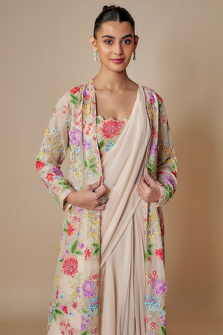 Ivory Organza Jacket Bridal Saree Set by Aneesh Agarwaal at Pernia's Pop Up Shop