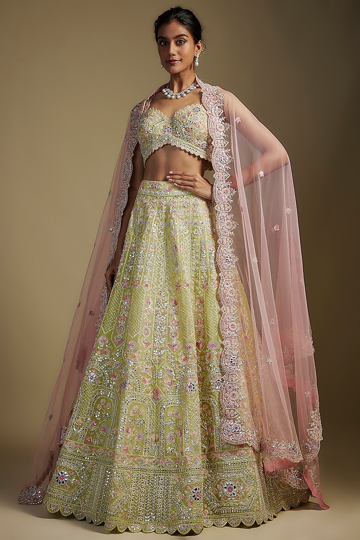 Green Organza Embroidered Bridal Lehenga Set by Aneesh Agarwaal at Pernia's Pop Up Shop