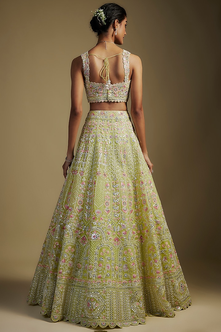 Green Organza Embroidered Bridal Lehenga Set by Aneesh Agarwaal at Pernia's Pop Up Shop